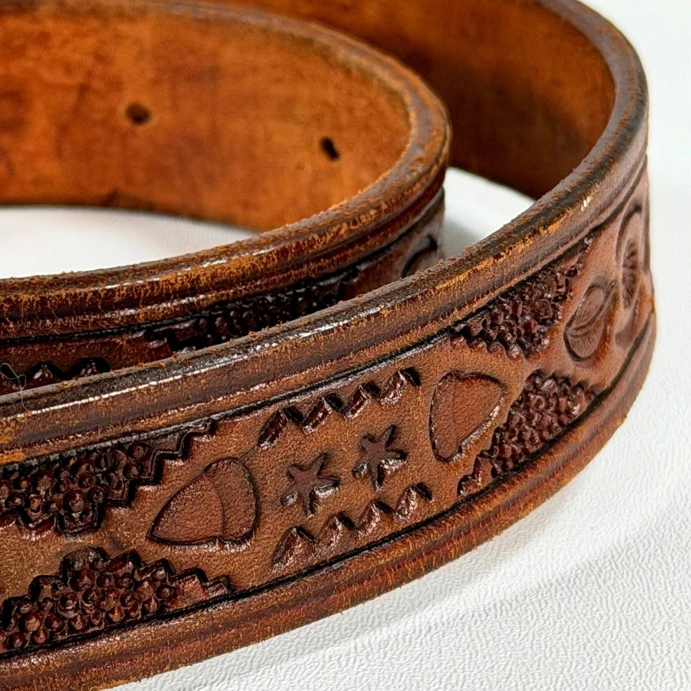 Vintage 1887 Morgan Dollar Oval Belt Buckle Stainless Brown Tooled Leather sz 34
